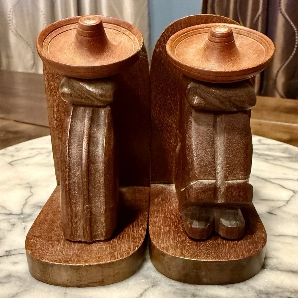 VTG 50s 60s MCM Wood Wooden Mexican Sombrero Male Female 4" Bookends Mexico - Picture 2 of 8